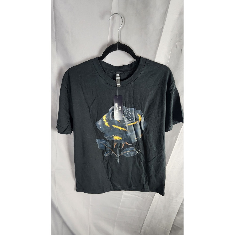 PFR New York Mens Black Rose Graphic T-Shirt Gold Foil Floral Tee Large NWOT
